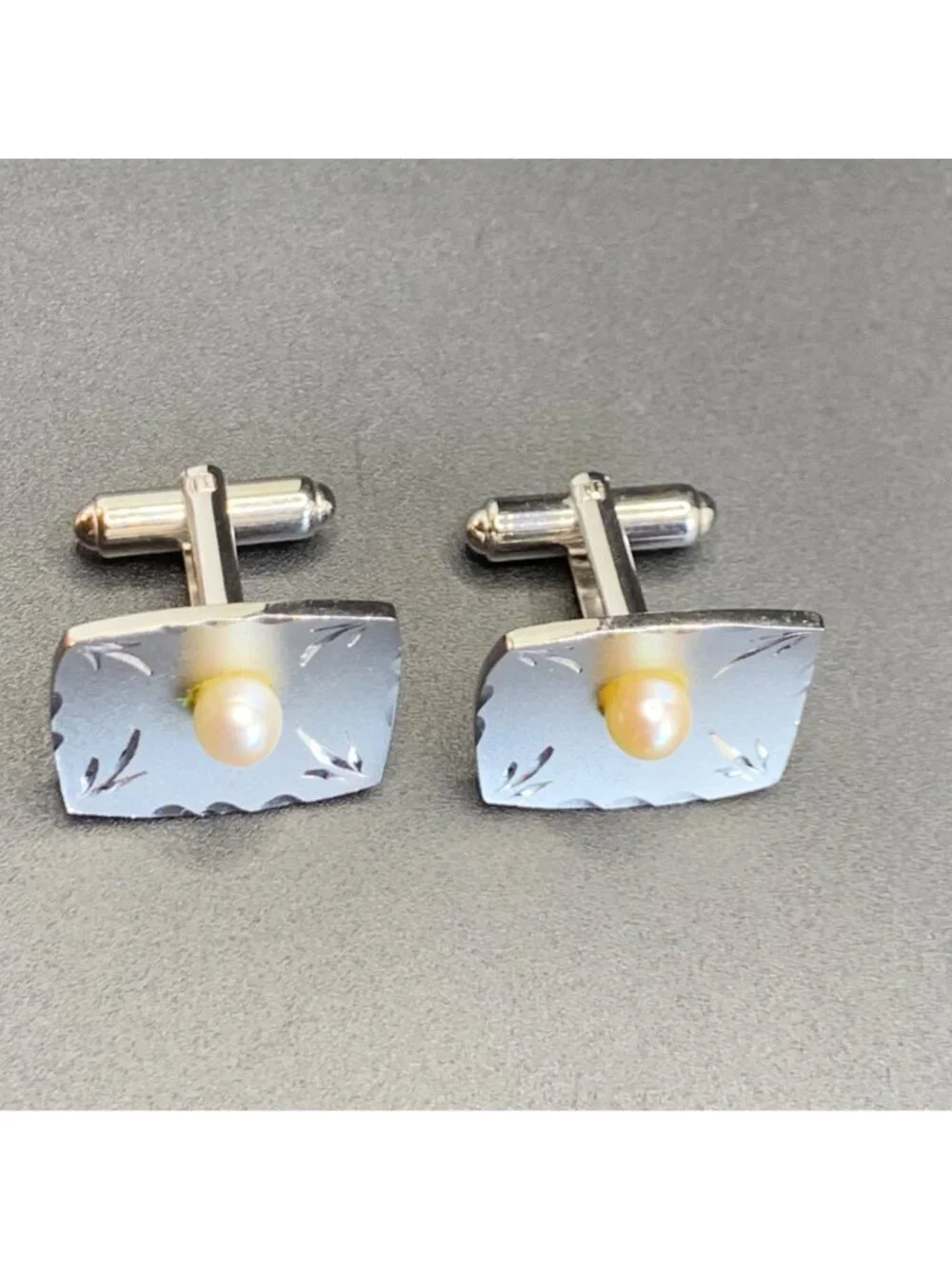 Pearl Satin Finish Laser Engraved Design Sterling Silver 925 Cufflinks 0.75''